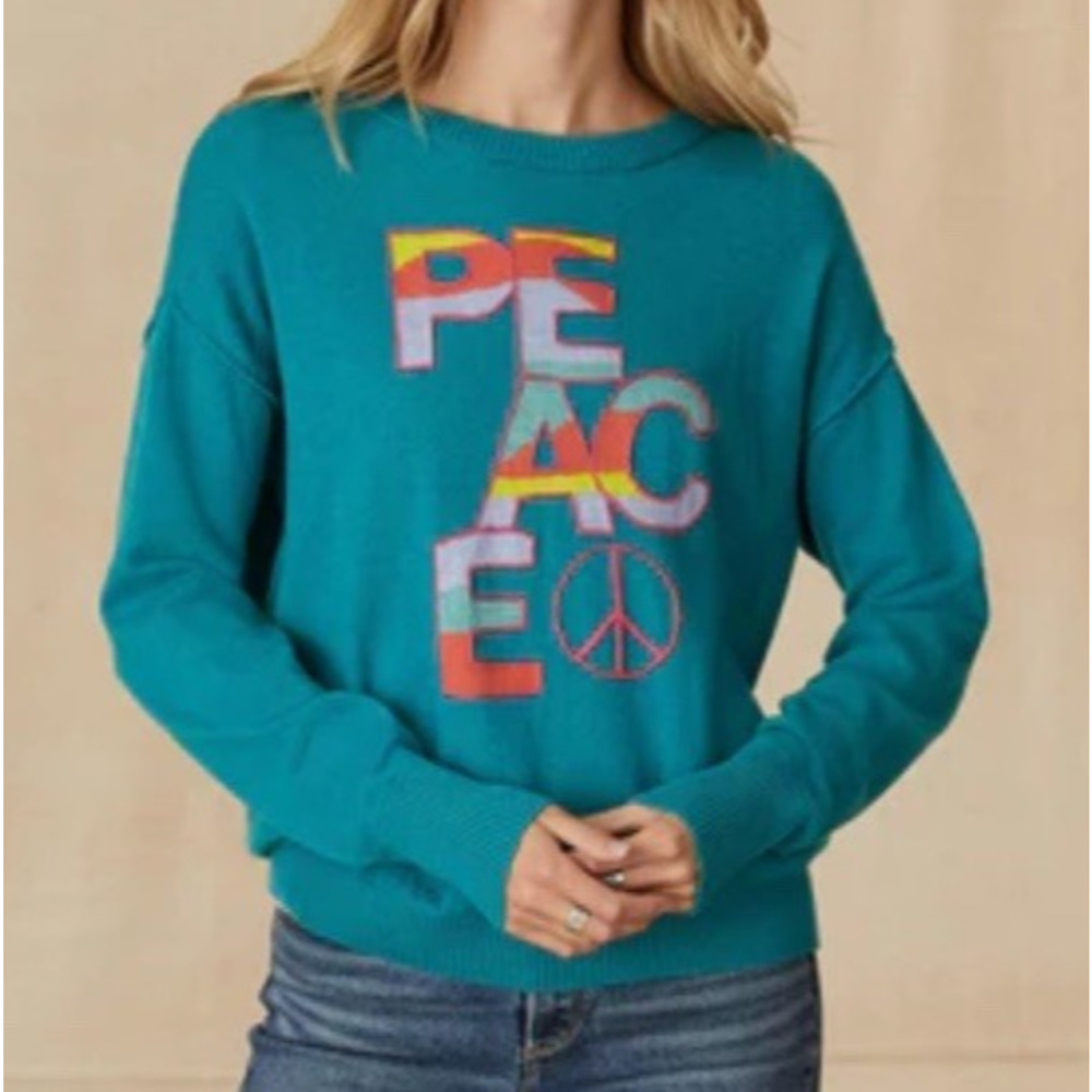 Sundance Colors Of Peace Sweater Teal Rare Rainbow Graphic Soft Wool Blend PXS - Picture 1 of 16